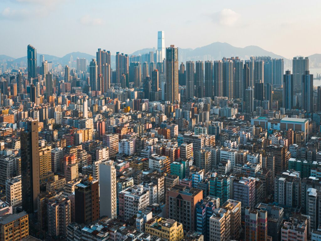 Aerial view of the dense urban area of Hong Kong on a sunny day Aerial view of the dense urban area of Hong Kong on a sunny day