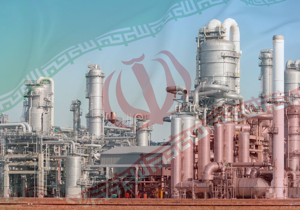 Iran flag overlays oil industry plant